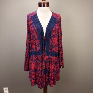 Torrid Long Sleeve Paisley Crinkle Gauze Boho Babydoll Tunic Top Sz 3 3X 22-24